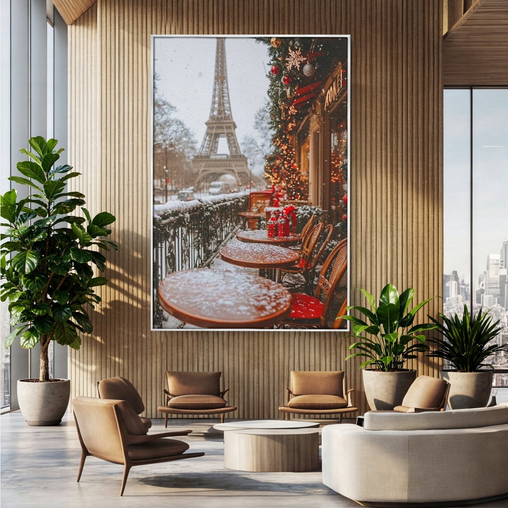 Tablou canvas cu tablou canvas cu turnul eiffel iarna, in rama de aluminiu argintiu, pe perete intr-un birou